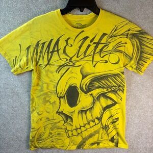 MMA Elite T-Shirt Mens Small Yellow Skull Graphic Tattoo Art Faded Grunge SEE